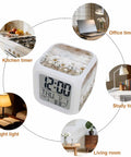 Straight Fire Floral Cube Digital Alarm Clock With Seven Color LED Nightlight displaying time and date in a chic design for offices.
