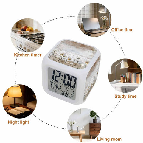Straight Fire Floral Cube Digital Alarm Clock With Seven Color LED Nightlight displaying time and date in a chic design for offices.