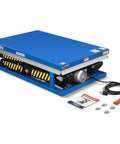 Heavy Duty Wireless Remote Control Double Scissor Hydraulic Lift Table With 4400 Lb Load Capacity And 72.6 Inch Height For Warehouse Jobs, blue platform, remote control, battery powered.