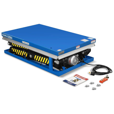 Heavy Duty Wireless Remote Control Double Scissor Hydraulic Lift Table With 4400 Lb Load Capacity And 72.6 Inch Height For Warehouse Jobs, blue platform, remote control, battery powered.