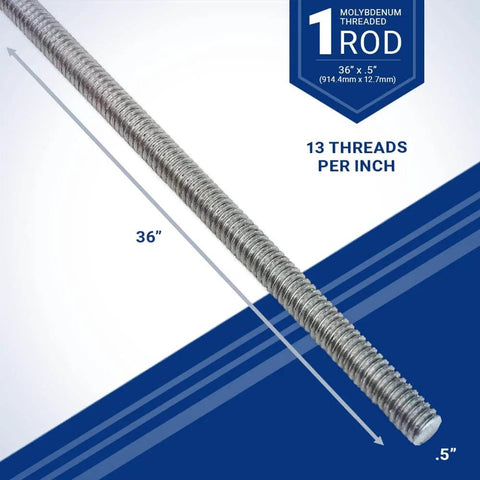 Molybdenum Rod 36 Inch Length One Half Inch Diameter 13 Threads Per Inch Industrial Use Durable Corrosion Resistant Metal Rod