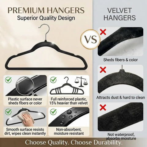 Comparison between plastic and velvet hangers; Plastic Hangers 50 Pack Heavy Duty Non Velvet Slim Hangers With 360 Degree Swivel Hook Space Saving