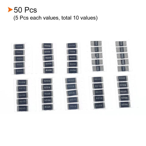 2512 SMT Resistor Kit 50 Pieces Range 0.1R To 1R 1W Power 1 Percent Tolerance 10 Values Surface Mount Chip Resistors For DIY Electronics Projects For Hobbyists, 50-pack 2512 SMD resistors in value sets