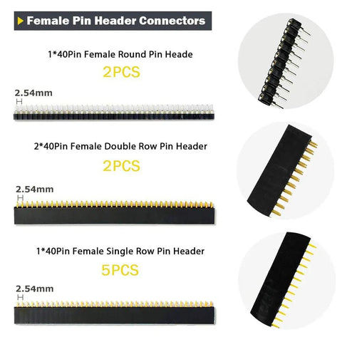 Pin Headers And Jumper Cap Assortment Kit For DIY Electronics showing 40Pin Female Round, Double, Single Row Headers