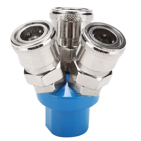 Close-up of One Quarter Inch NPT Three Way Pneumatic Air Fitting Manifold Block Splitter with metal quick connects