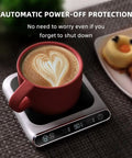 Smart USB Coffee Mug Warmer With Three Temp Settings Keeps Your Daily Brew Nice And Toasted Flat Bottom Heat Pad For Office Home Desk Warm Drink Setup with red mug and heart latte art.