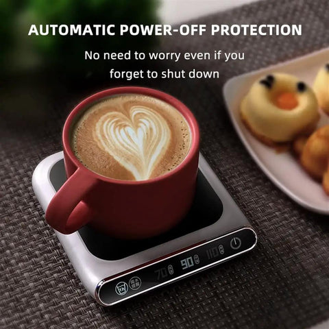 Smart USB Coffee Mug Warmer With Three Temp Settings Keeps Your Daily Brew Nice And Toasted Flat Bottom Heat Pad For Office Home Desk Warm Drink Setup with red mug and heart latte art.