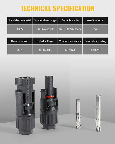 Technical specs of 12 Pcs Solar Panel Connectors Set With Spanners For 10AWG Wire Waterproof Dustproof Solar Connector Pairs