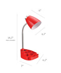 Red gooseneck desk lamp with dimensions, adjustable neck, and organizer, similar to Pink Gooseneck Desk Lamp With Tablet Stand