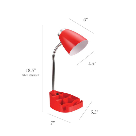 Red gooseneck desk lamp with dimensions, adjustable neck, and organizer, similar to Pink Gooseneck Desk Lamp With Tablet Stand