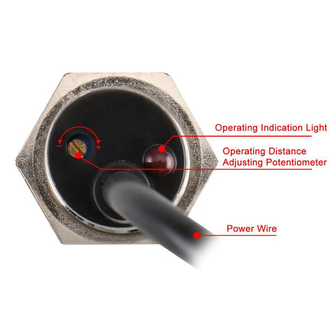 Capacitive Proximity Sensor Switch 3-Wire NPN NO DC 10-30V 200mA 1-10mm detects metal objects showing indicator light and power wire.