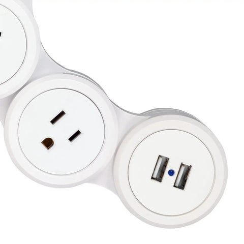 Close-up of a white Flexible Surge Protector Power Strip with Four 3 Pin Grounded Outlets, Two USB Ports Delivering 3 1A Total.