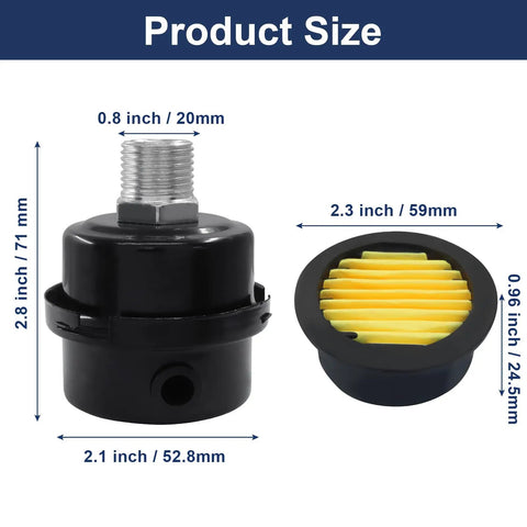 Two Pack Air Compressor Silencer Kit With One Half Inch Threaded Intake Filters 20 mm Mufflers product size measurements