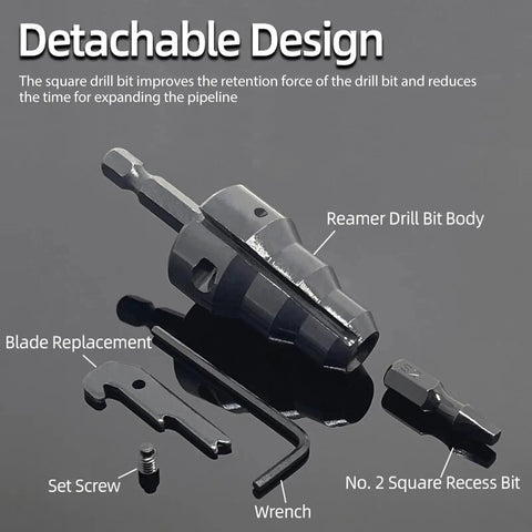 Drill Compatible Conduit Reaming Kit With One Quarter Inch Shank Pipe Reamer And Five Replacement Blades, components displayed