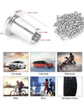 100 Piece Kit Of 8X10Mm Heavy Duty Tire Stud Screws Hella Tough Anti Slip Nails For Cars Atvs Utvs And Motorcycles in silver with measurement details.