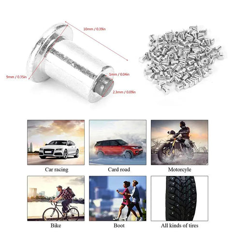 100 Piece Kit Of 8X10Mm Heavy Duty Tire Stud Screws Hella Tough Anti Slip Nails For Cars Atvs Utvs And Motorcycles in silver with measurement details.