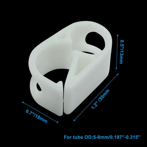 Close-up of a white plastic tubing clamp with measurements for clarity, part of the Five Pack Adjustable Plastic Tubing Clamps For 1/4 To 5/16 Inch Tubing Lab Flow Control Hose Clamps Pinch Valve Style Durable White POM Plastic Leak Proof High Clamp Grip.
