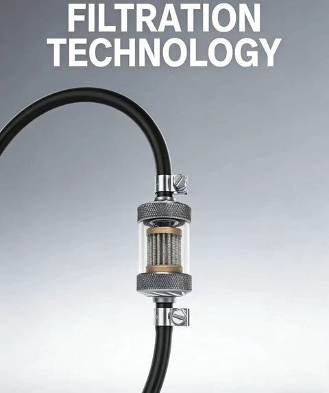 Close-up of Universal Inline Fuel Filter Kit With Clear View Filter for Three Sixteenth Inch 5mm Fuel Lines, filtration technology.