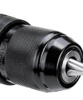 Close-up of 13 millimeter keyless chuck on Rock Solid Badass Brushless Hammer Drill Cordless Impact Screwdriver.