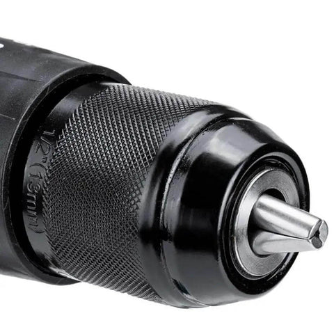 Close-up of 13 millimeter keyless chuck on Rock Solid Badass Brushless Hammer Drill Cordless Impact Screwdriver.