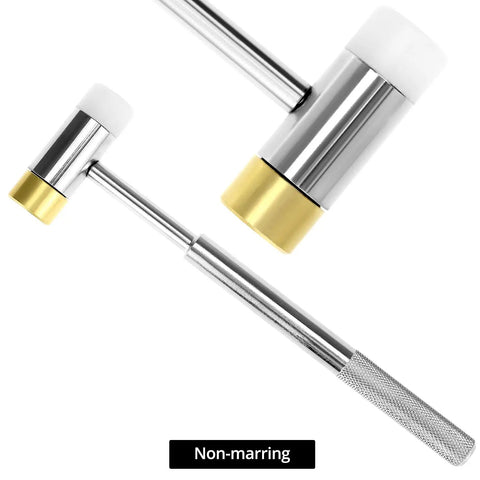All In One Hammer And Punch Set With Chrome Plated Steel Hammer Nylon And Brass Heads 15 Piece Punch Kit in close-up view