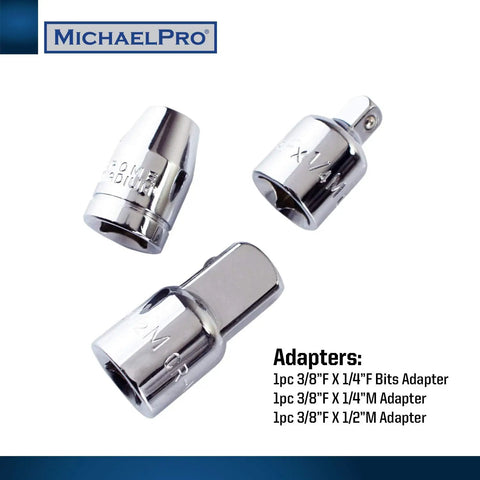 Adapters in Forty Piece Three Eighths Inch Drive Two Way Quick Swivel T Handle Wrench Set on white background