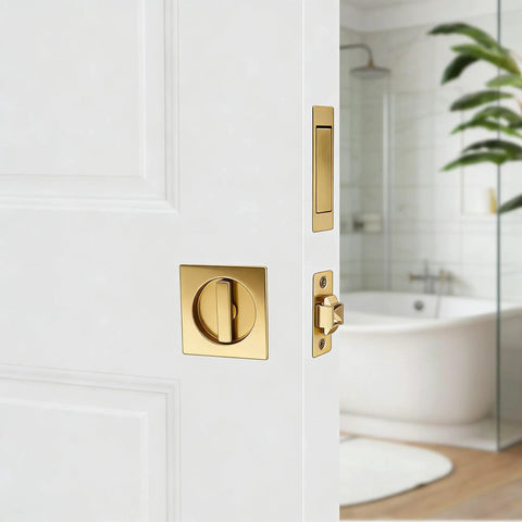 Pocket Door Passage Latch Set Satin Brass Square Handle Easy Install Privacy Lock Double Sided For 1 3 8 To 2 1 16 Inch Thick Sliding Doors