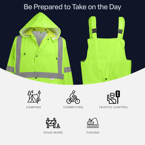 Hi Vis Rain Gear Set With Detachable Hood Three Piece Jacket Bibs For Night Shifts Worksite Ready Neon Yellow Waterproof Rain Suit