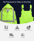FrogWear GLO 8000 High Visibility Three Piece Rain Suit Unisex Waterproof Jacket Bibs With Detachable Hood Neon Yellow Reflective