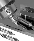 Close-up of 8 Piece Center Drill Bit Set For Lathe Work, Pro Grade HSS with 60 Degree Countersink in use with metal surface