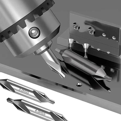 Close-up of 8 Piece Center Drill Bit Set For Lathe Work, Pro Grade HSS with 60 Degree Countersink in use with metal surface