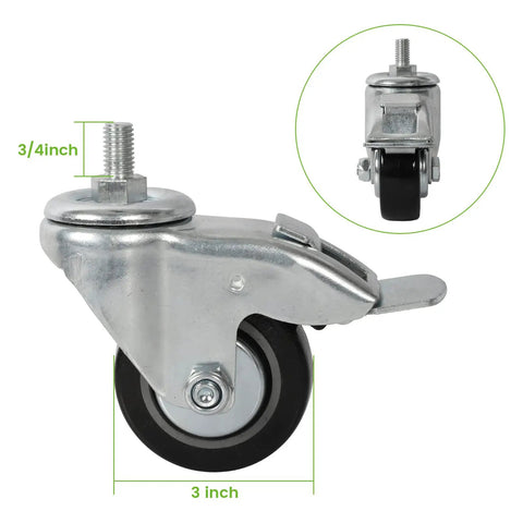 Set Of 4 Heavy Duty 3 Inch Swivel Caster Wheels With Drop Dead Quiet Bearings And Secure Threaded Stem Mount showing a durable swivel wheel with a 3 inch diameter.