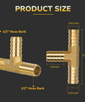 Brass Go-To Hose Barb Tee Fitting Half Inch Three Way Union Connector For Air Water Fuel Systems Leak Resistant Two Pack