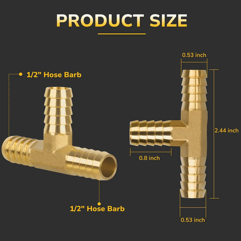 Brass Go-To Hose Barb Tee Fitting Half Inch Three Way Union Connector For Air Water Fuel Systems Leak Resistant Two Pack