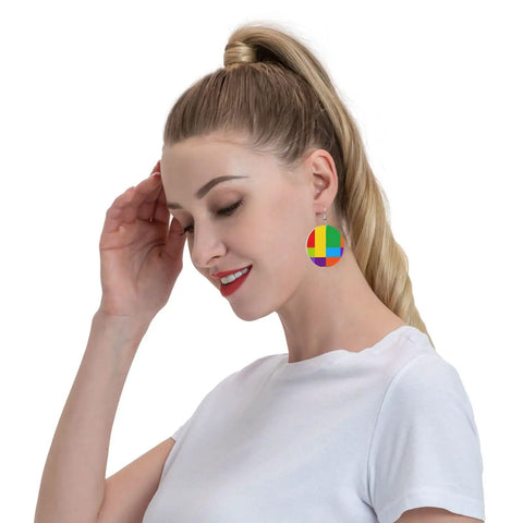 Chic Colorful Grid Print Dangle Earrings For Women totally lightweight silver plated ear hooks on model's ear.