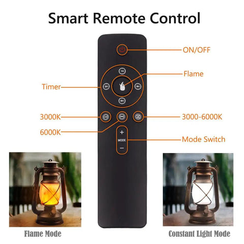 Smart remote control for LED Camping Lantern Battery Powered Two Pack With Remote Control Rechargeable Outdoor Hanging Light Flickering Flame Retro Style Lanterns 4 Modes Non Solar, showing buttons for different light modes.