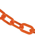 Close-up of bright orange heavy duty plastic barrier chain links for event control, 2 inch size, part of 500 foot roll.