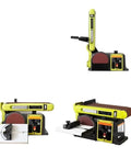 Heavy Duty 550W Electric Belt Sander With Variable Speed Control showing multiple angles, featuring a cast iron base and adjustable head.