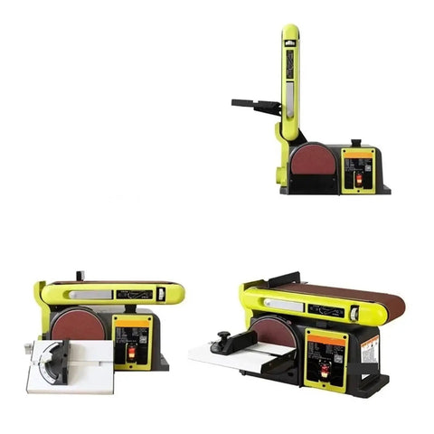 Heavy Duty 550W Electric Belt Sander With Variable Speed Control showing multiple angles, featuring a cast iron base and adjustable head.