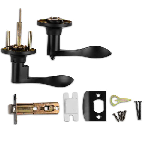Entry Lever Door Handle With Lock And Two Keys For Office Or Front Door In Iron Black Finish Reversible hardware set