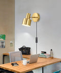 Gold Plug-In Wall Sconces Set Of 2, Industrial Vintage E26 Adjustable Wall Lamps with 6 Foot On Off Cord above office desk