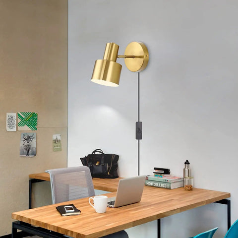 Gold Plug-In Wall Sconces Set Of 2, Industrial Vintage E26 Adjustable Wall Lamps with 6 Foot On Off Cord above office desk