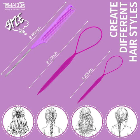 Hair Loop Tool Set With Pink Rat Tail Comb For French Braid Styling, Daily Braiding Kit For Mornings, School, Work Or Dance Practice, Replaces Fingers For Quick Slick Everyday Looks, 3-piece set