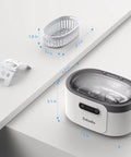 600ml Ultrasonic Jewelry Cleaner With Digital Timer For Glasses Rings Silver Coins And Makeup Brushes Deep Sonic Cleaning In Minutes With Tap Water For Home Or Salon Use. Displaying cleaner with dimensions and accessories.