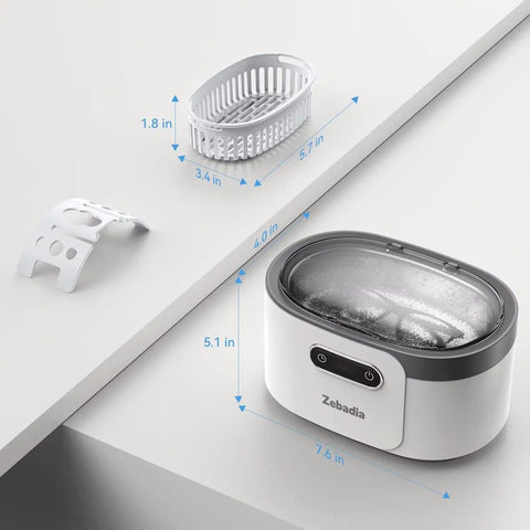 600ml Ultrasonic Jewelry Cleaner With Digital Timer For Glasses Rings Silver Coins And Makeup Brushes Deep Sonic Cleaning In Minutes With Tap Water For Home Or Salon Use. Displaying cleaner with dimensions and accessories.
