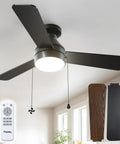 Modern 42 Inch Low Profile Ceiling Fan In Sleek Black With Whisper Quiet Motor Providing Super Smooth Cooling Airflow And Bright Led Lighting With Remote And Pull Chain Options, featuring remote control and detachable blades.