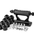 2023 Upgraded Quick Release Thru Axle Bicycle Fork Rack Block With Four Adapters For Cars Trucks Vans SUVs Transport And Storage Black shown with adapters and screws.