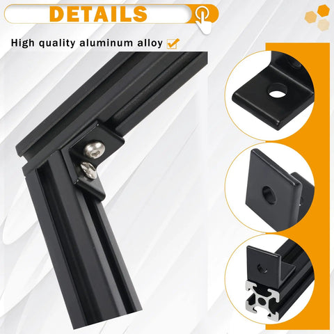 Close-up of Ten Pack 2020 Series 2 Hole 90 Degree Inside Corner Bracket Kit For Aluminum Extrusion 6mm Slot Black L Corner Brackets