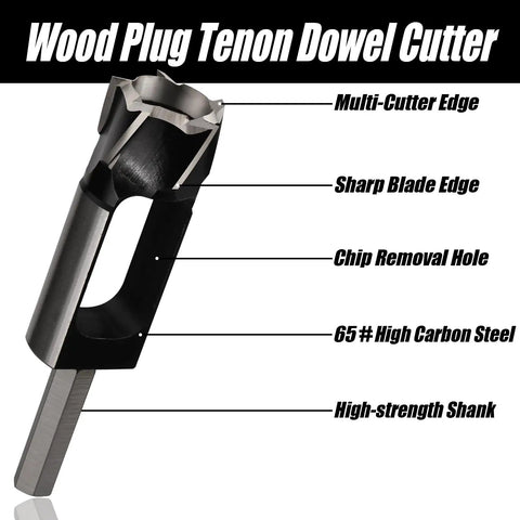 Five Piece High Carbon Steel Wood Plug Cutter Set Offering 3/8 To 1 Inch Bits, showing sharp blade, multi-cutter edge and chip removal.
