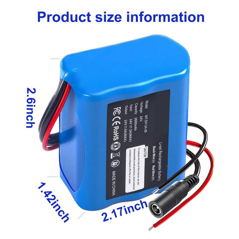 24V 2600mAh Lithium Battery Pack With Charger And Bare Leads For DIY Projects, size details shown, blue color